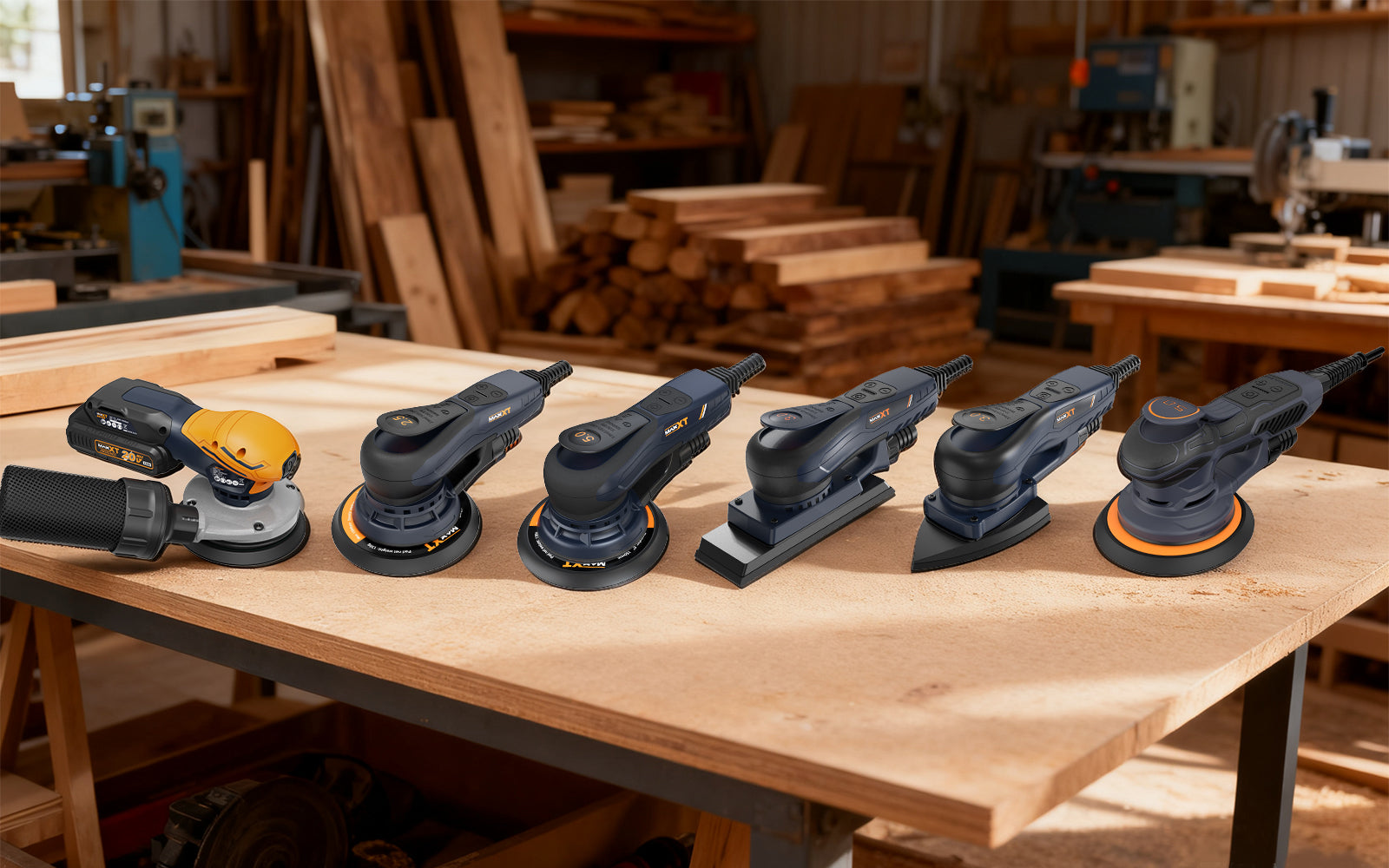 Complete collection of 8 types of sanders including belt, orbital, random orbital, detail, disc, drum, spindle and drywall sanders on workbench