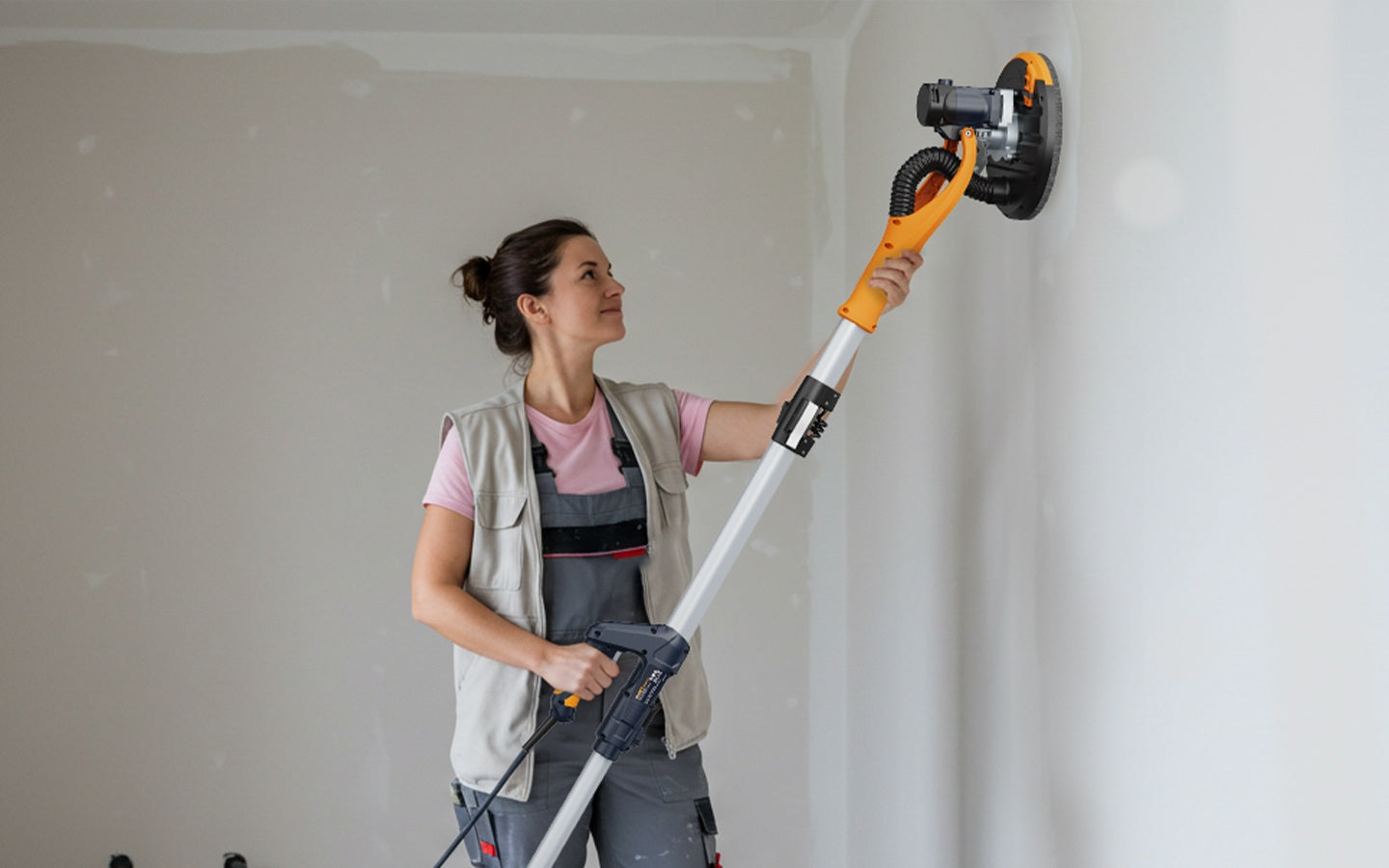 Professional operator using electric drywall sander on wall surface in clean bright workspace for smooth finish