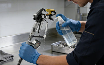 Technician flushing an airless paint sprayer with cleaning solution over a waste bucket on a clean workbench