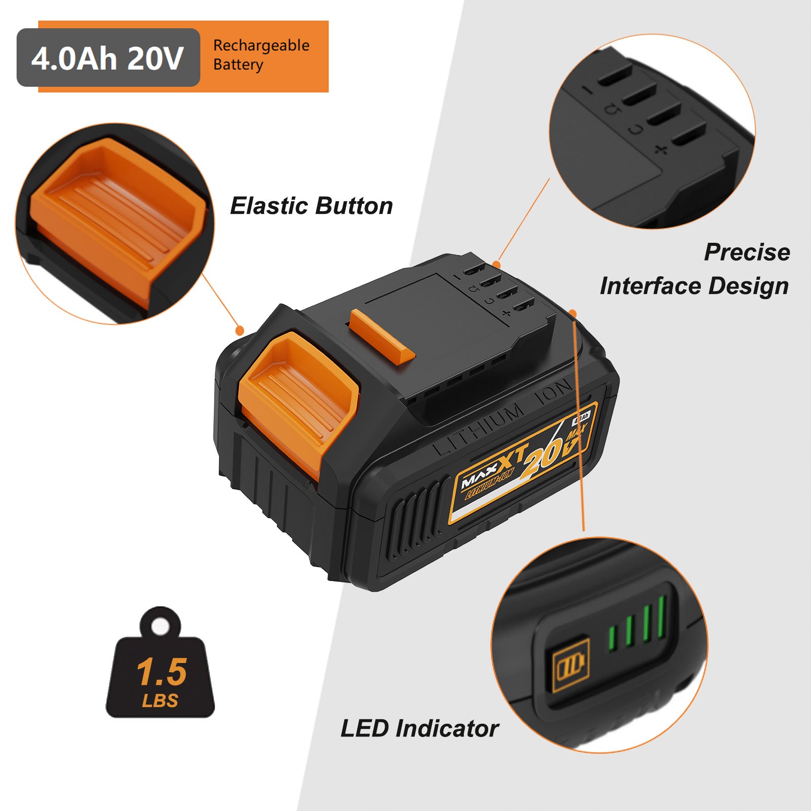 MAXXT 20V 4.0AH Li-ion Replacement Battery Pack for Portable Cordless Power Tools
