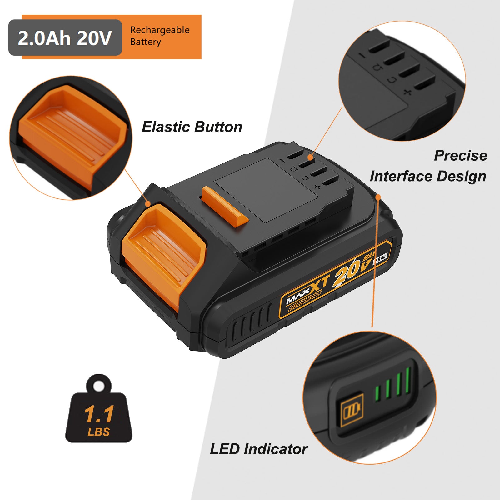MAXXT 20V 2.0AH Li-ion Replacement Battery Pack for Portable Cordless Power Tools