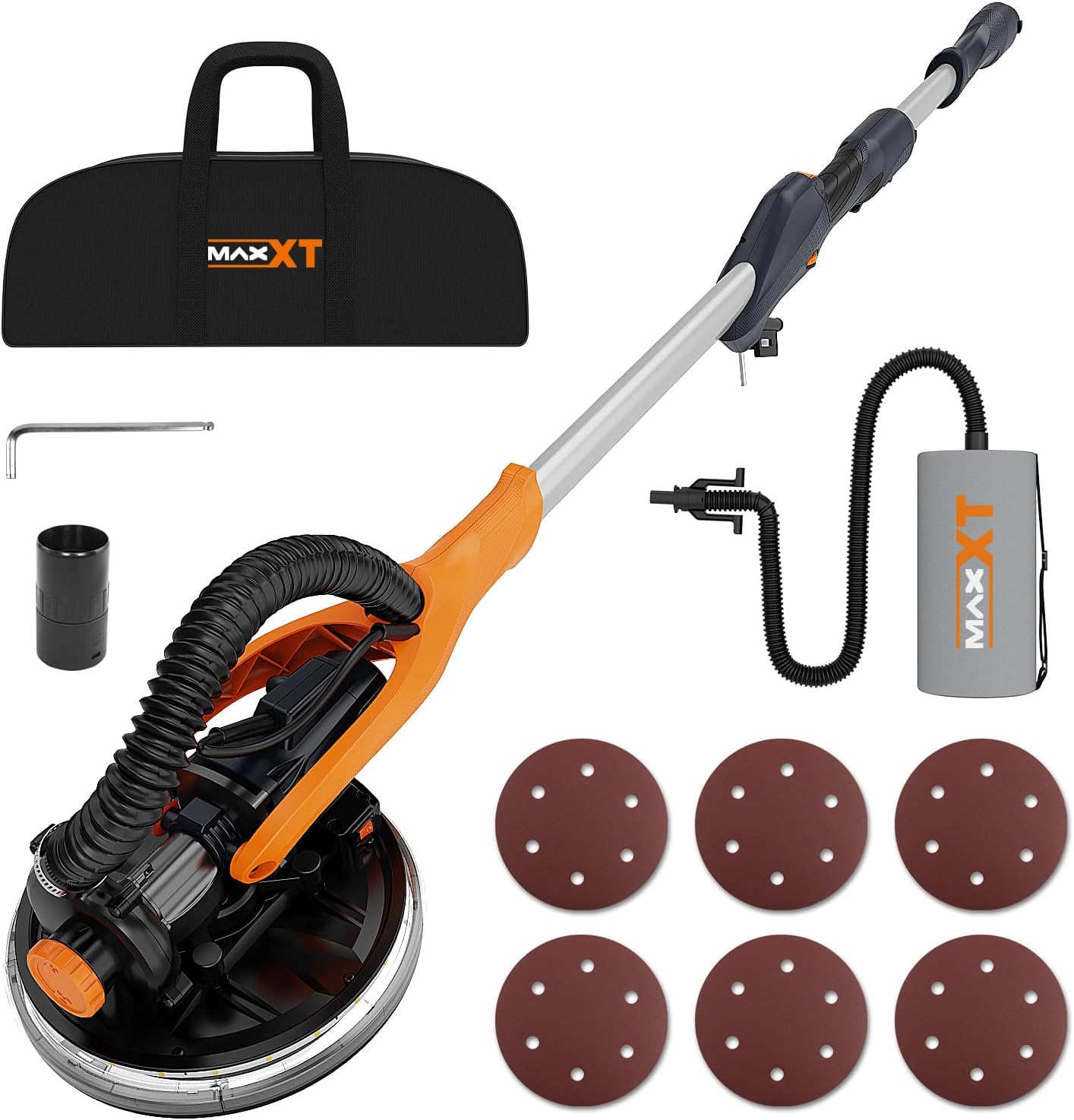 MAXXT Drywall Sander,Real Self-Vacuum System,LED Light,Telescopic Handle,Variable Speed,6.5A Motor, 6pcs 9” Sanding Discs, Dust Bag.Please Turn The Suction ON Before USE