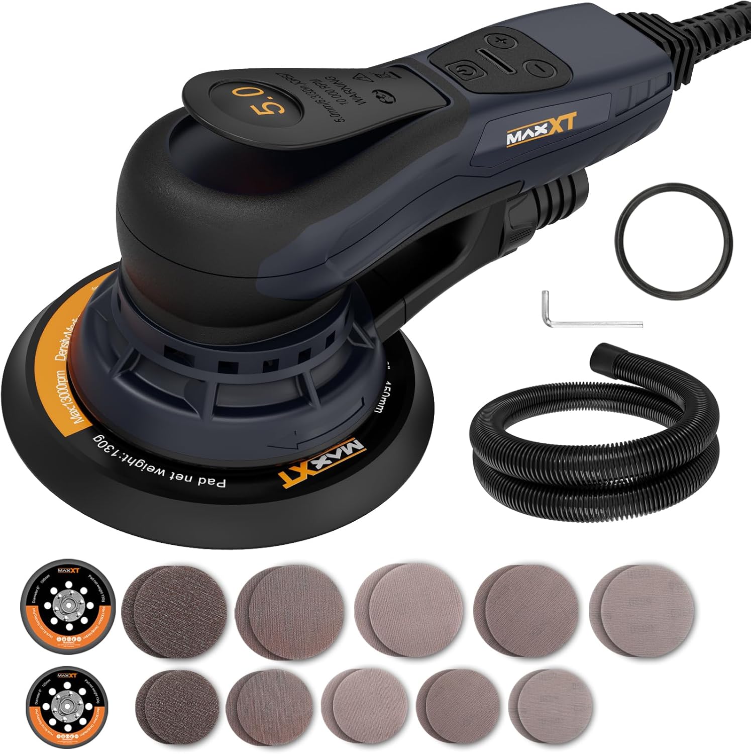 MAXXT Electric 5mm Random Orbital Sander, Palm Sander with Brushless Motor, 5&6Inch Sanding Pads, Central Vacuum, Sanders for Woodworking, Primary Wood and Panel Processing