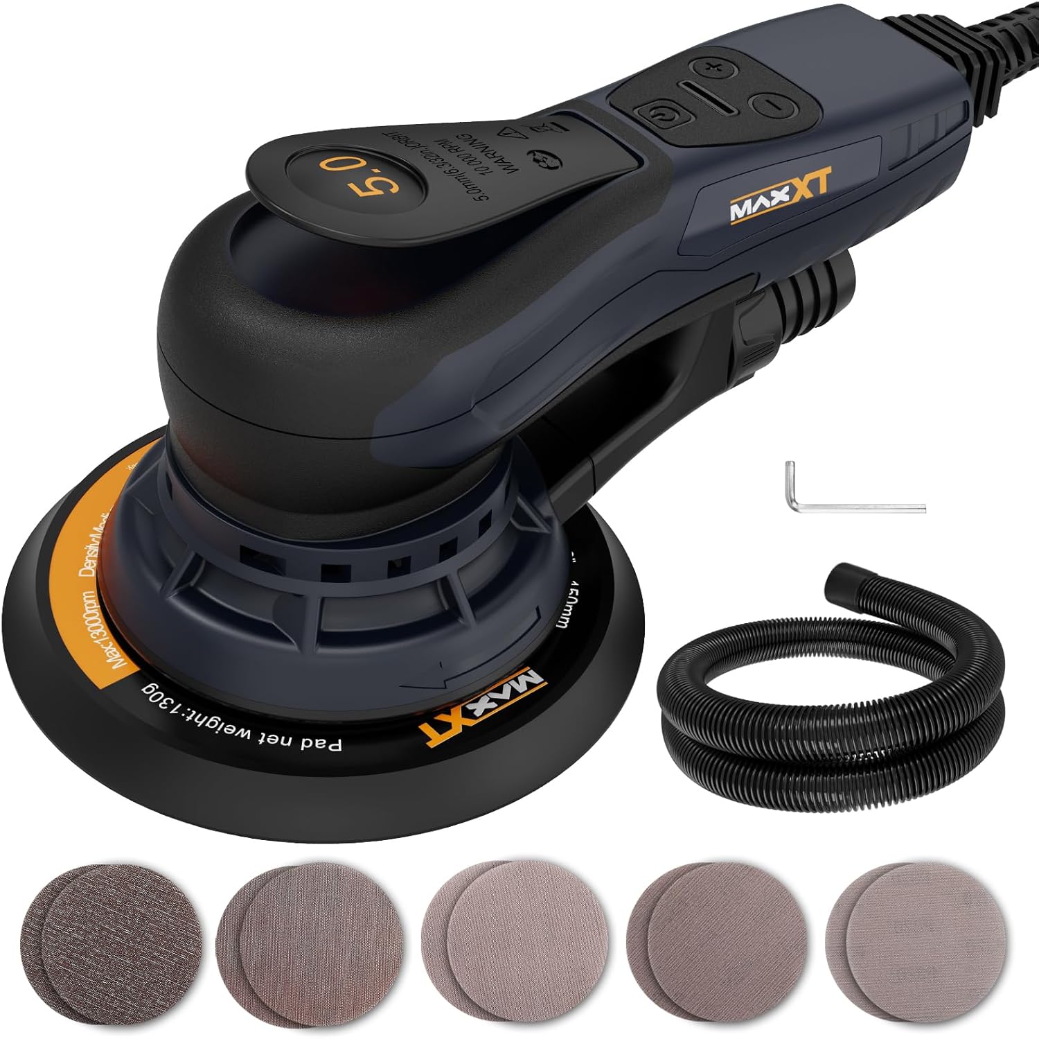 MAXXT Electric 5mm Random Orbital Sander, Brushless 350W 3A Palm Sander, Multi-Function Variable Speed Electric Corded Orbital Sanders Machine with 6Inch Sanding Pad, 10 Sanding Paper for Woodworking