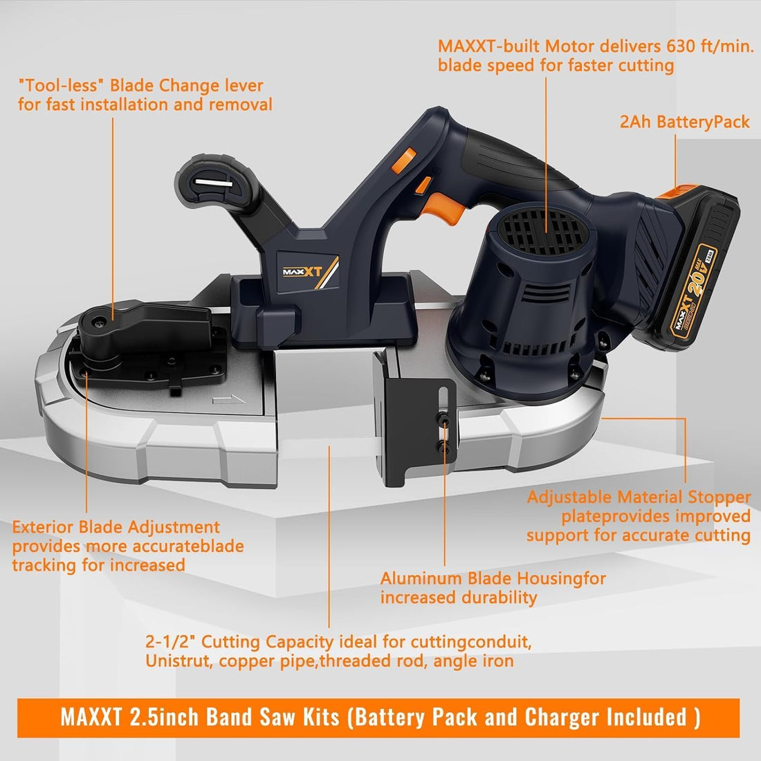 MAXXT Cordless Bandsaw, 2.5" Metal Band saws BW2110-2, Brushless Power Metal Bandsaw 20V MAX 2.5" Cutting Capacity 6 Speeds Adjustable（Battery Included）