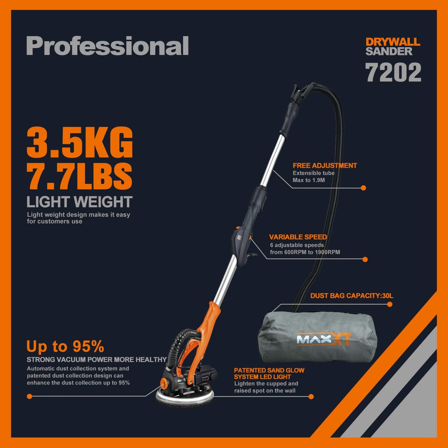MAXXT Drywall Sander,Real Self-Vacuum System,LED Light,Telescopic Handle,Variable Speed,6.5A Motor, 6pcs 9” Sanding Discs, Dust Bag.Please Turn The Suction ON Before USE