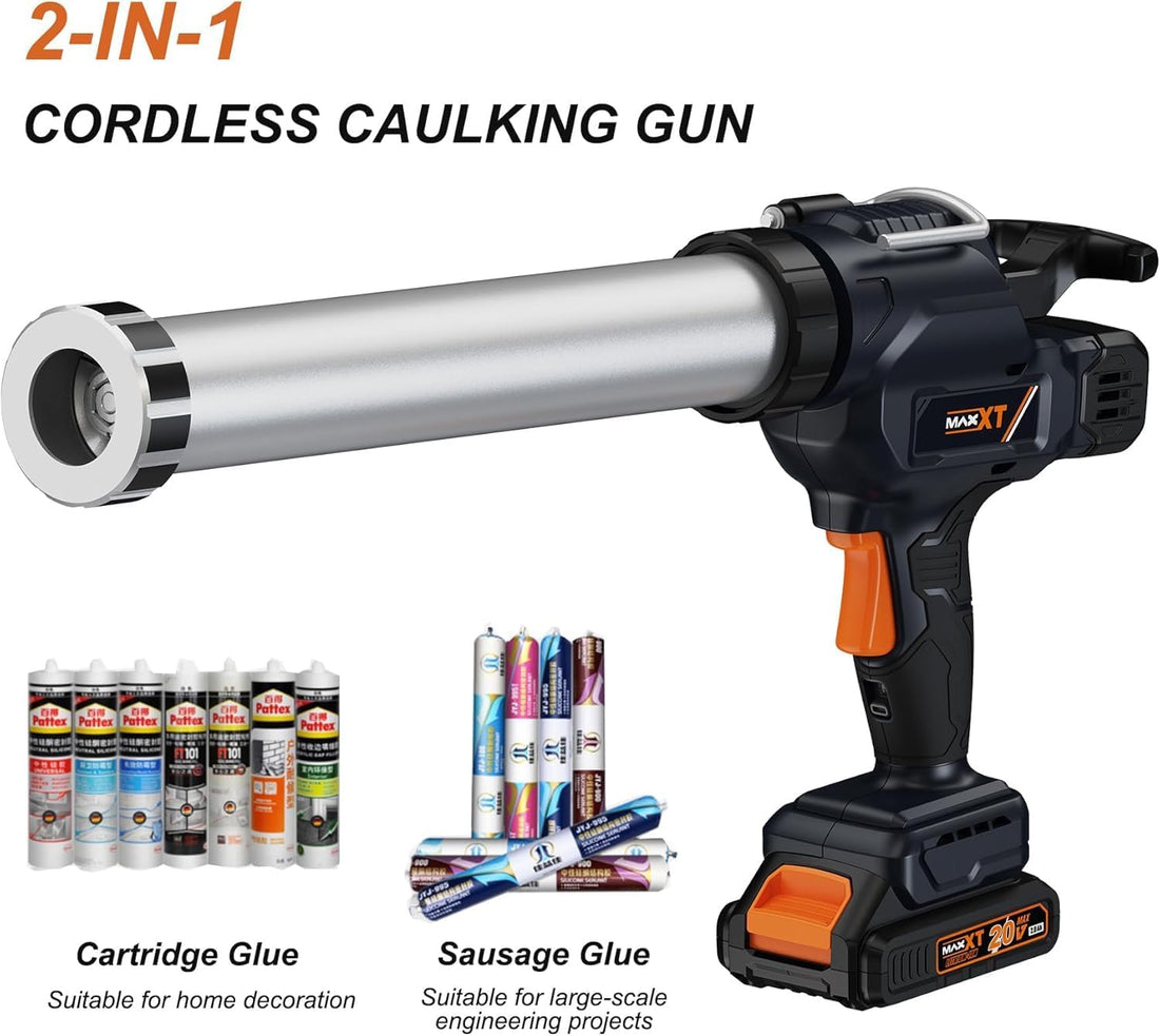 MAXXT 2-in-1 Cordless Caulking Gun, Anti-Dripping Sausage Gun with 2.0AH Batteries, for 10oz-20oz/300-600ml Cartridges and Sausage Packs