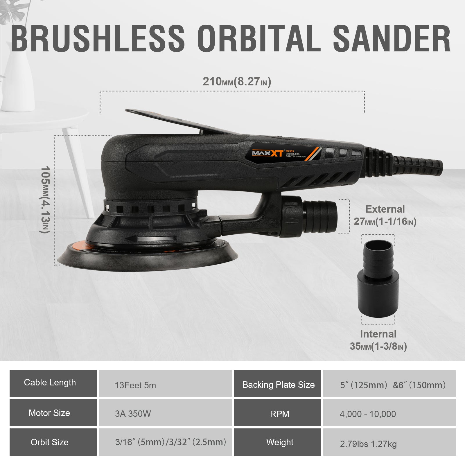 MAXXT Random Orbital Sander Brushless 350W 3A Multi-function Variable Speed Electric Corded Orbital Sanders Machine with 10 Sanding Papers for Woodworking, Drywall Sanding, Polishing
