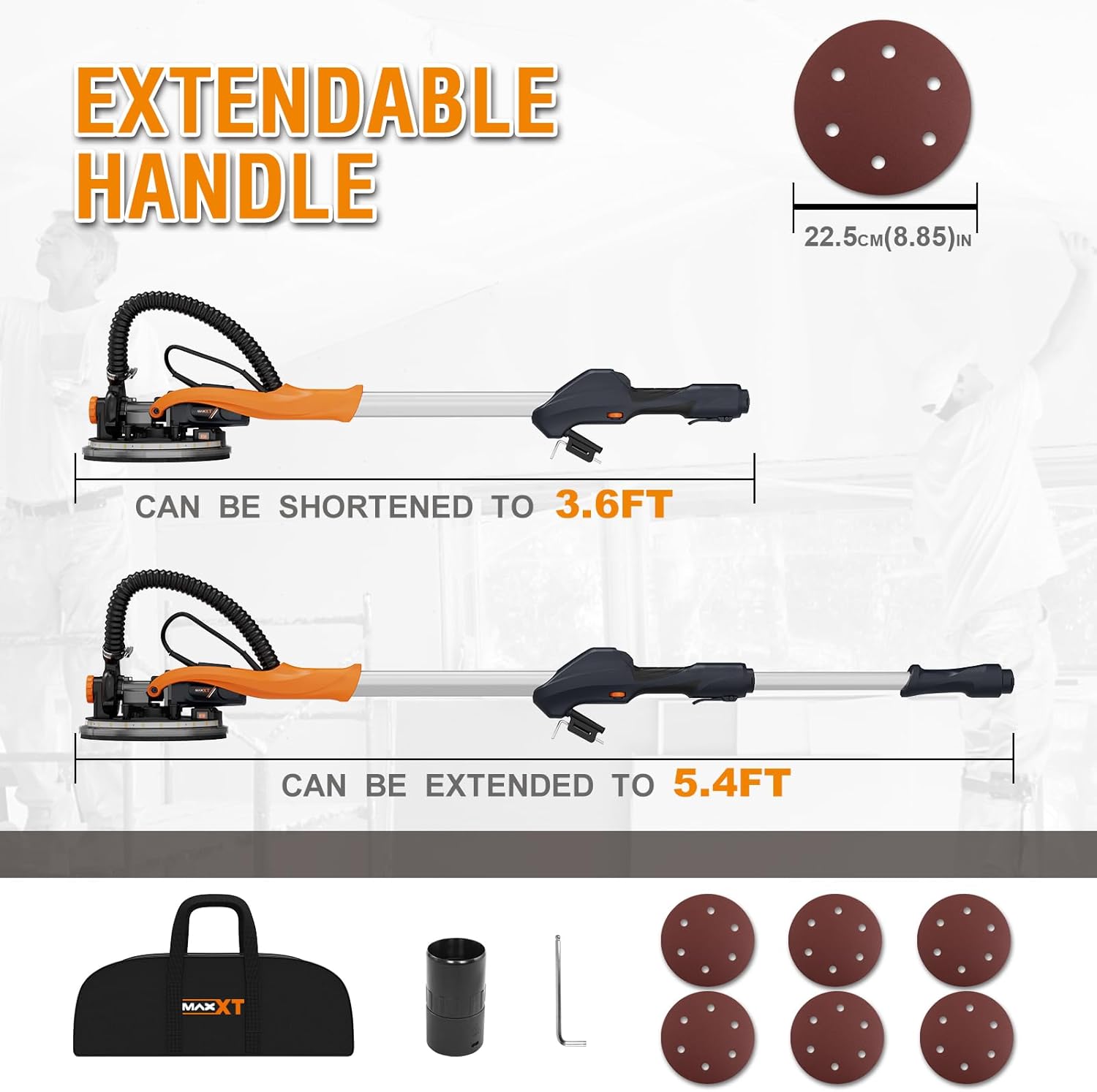 MAXXT Drywall Sander,Real Self-Vacuum System,LED Light,Telescopic Handle,Variable Speed,6.5A Motor, 6pcs 9” Sanding Discs, Dust Bag.Please Turn The Suction ON Before USE