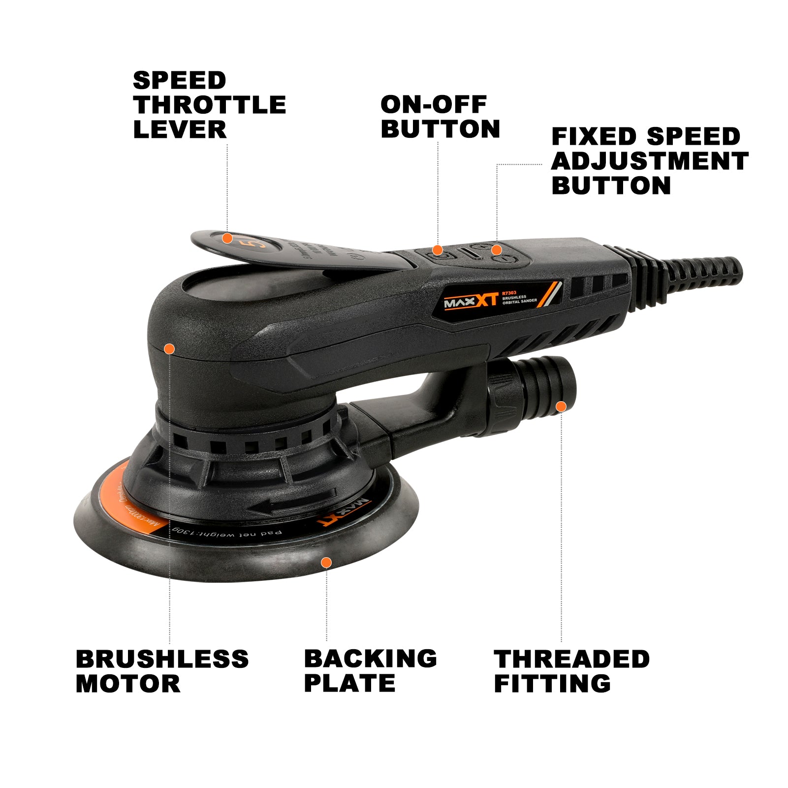 MAXXT Random Orbital Sander Brushless 350W 3A Multi-function Variable Speed Electric Corded Orbital Sanders Machine with 10 Sanding Papers for Woodworking, Drywall Sanding, Polishing