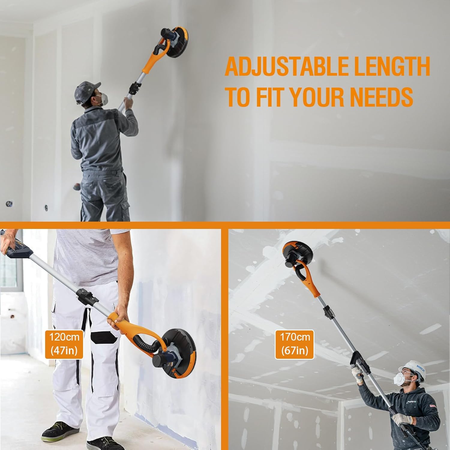 MAXXT Drywall Sander, Lightweight Popcorn Ceiling Removal Tool, 5 Variable Speed Foldable Telescopic Electric Drywall Sander, 800-1700RPM Vertical Power Ceiling Sander with 6pcs SandPapers, Bag