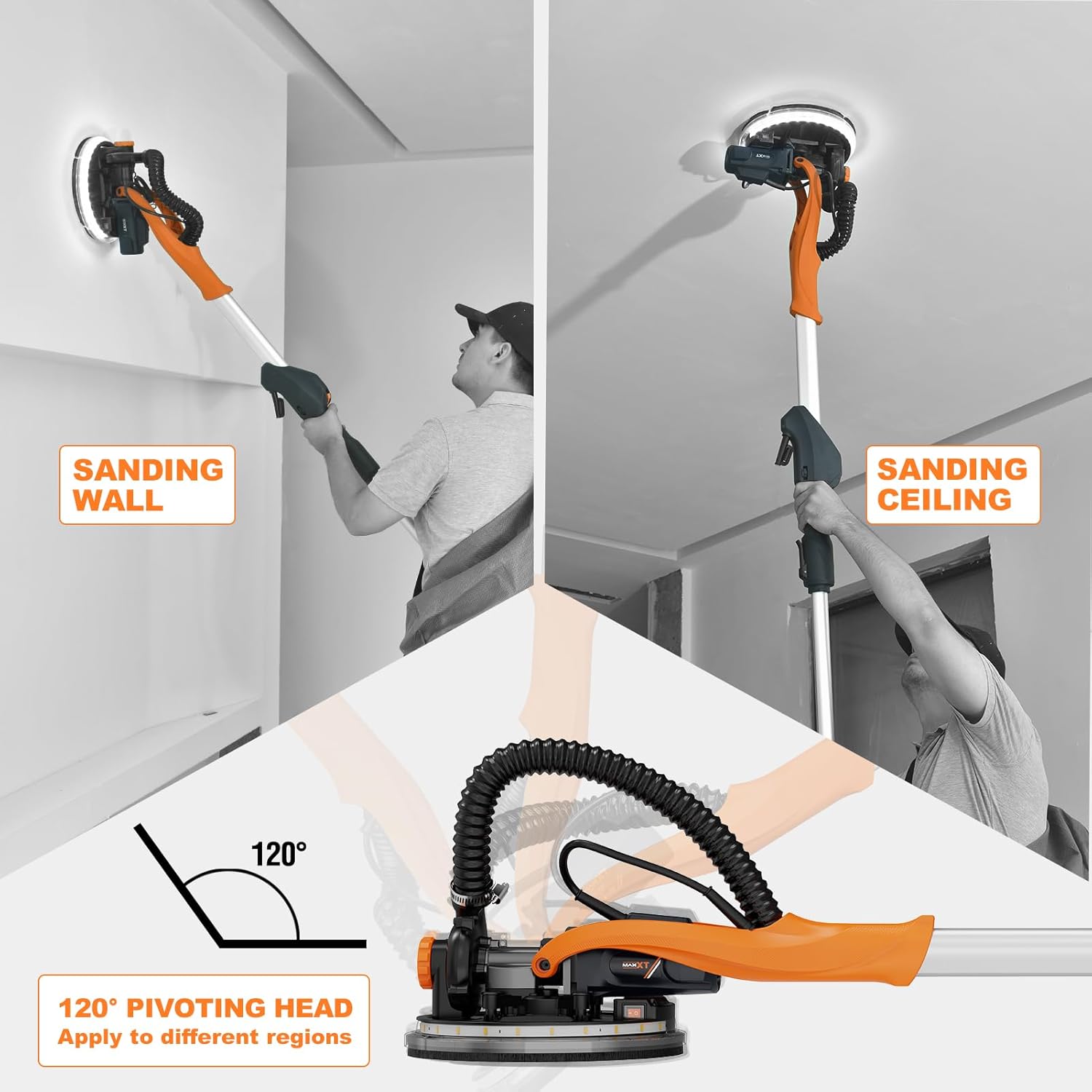 MAXXT Drywall Sander,Real Self-Vacuum System,LED Light,Telescopic Handle,Variable Speed,6.5A Motor, 6pcs 9” Sanding Discs, Dust Bag.Please Turn The Suction ON Before USE