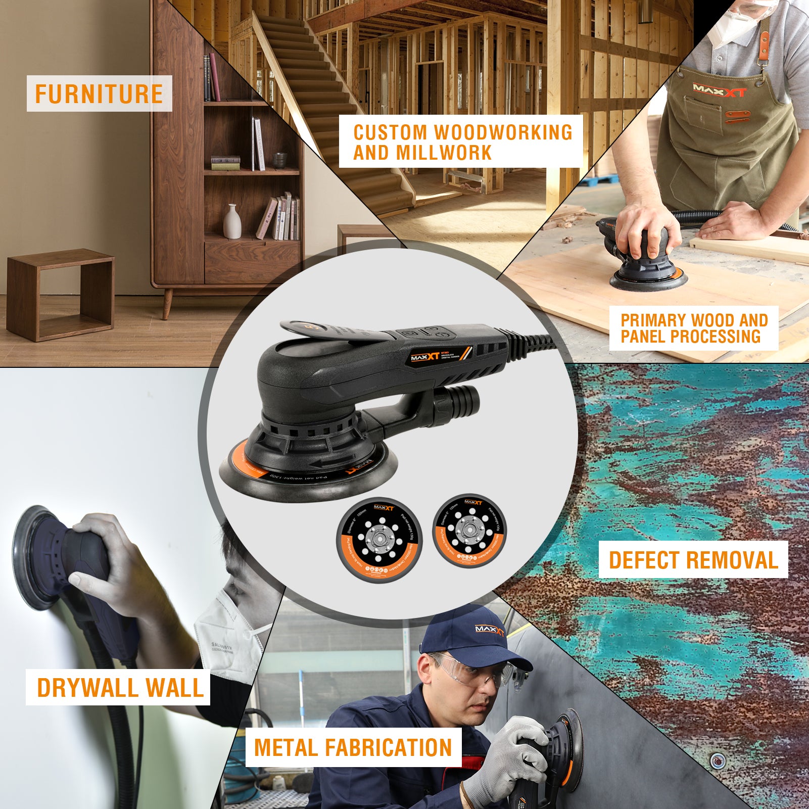 MAXXT Random Orbital Sander Brushless 350W 3A Multi-function Variable Speed Electric Corded Orbital Sanders Machine with 10 Sanding Papers for Woodworking, Drywall Sanding, Polishing