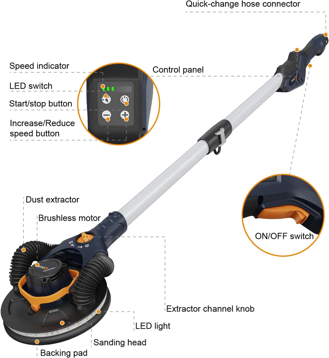 MAXXT 4mm Random Orbital Drywall Sander, Brushless 400W 3.5A Foldable Electric Wall Sander, Sander Tool with 1&2 Mode Suction Switching, Memory Variable Speed, 180° Flex Head, LED Light, Carry Bag