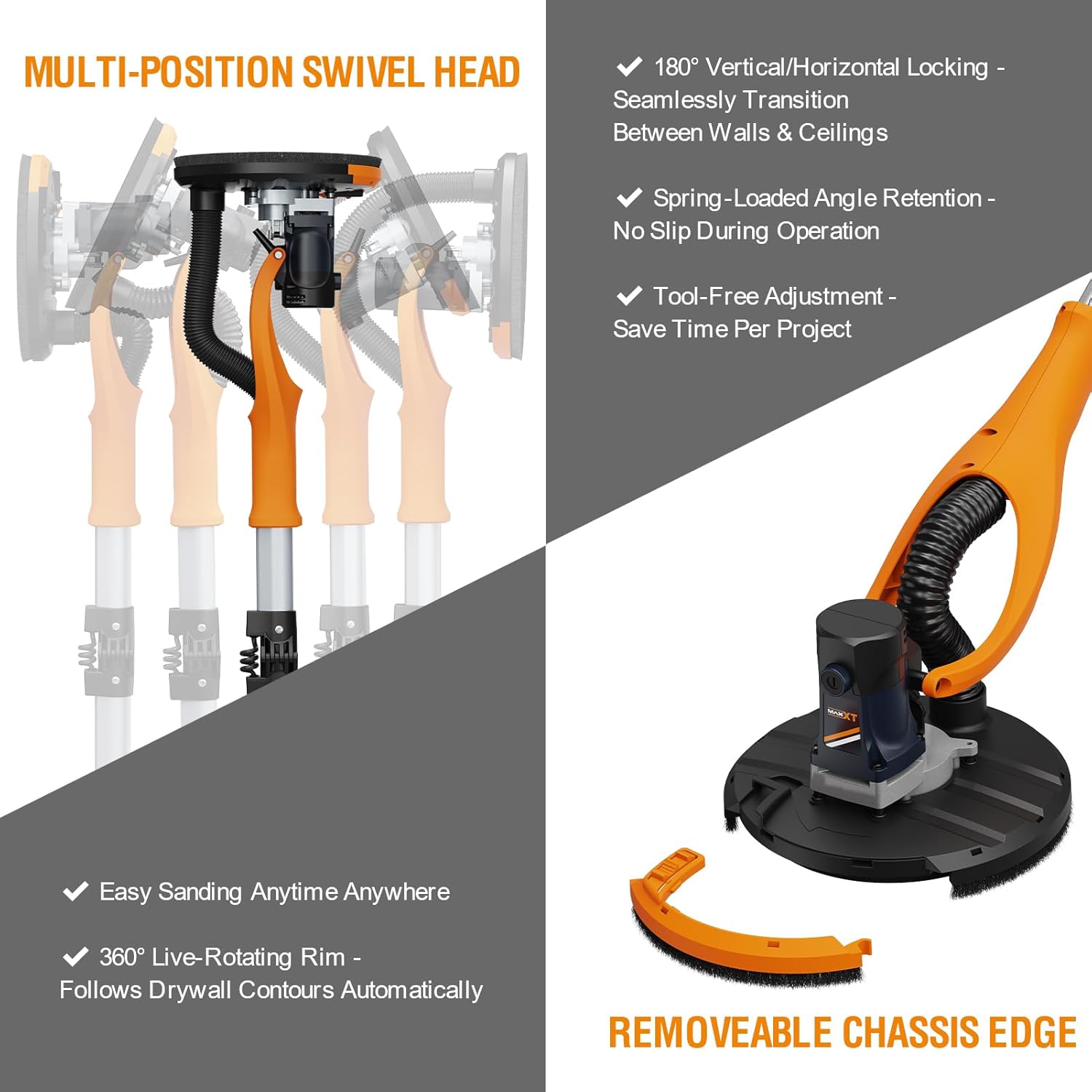 MAXXT Drywall Sander, Lightweight Popcorn Ceiling Removal Tool, 5 Variable Speed Foldable Telescopic Electric Drywall Sander, 800-1700RPM Vertical Power Ceiling Sander with 6pcs SandPapers, Bag