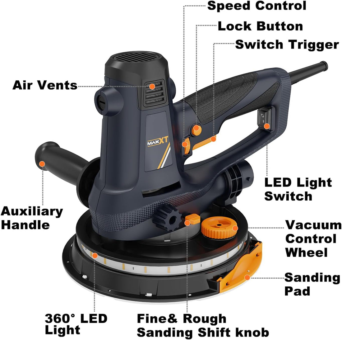 MAXXT Handheld Drywall Sander 810W, Electric Sander for Walls,Rough and fine Sanding, 1500-2800RPM Variable Speed, Upgraded Pad, Adjustable Suction, Self-Dust-Extraction (120, Volts)