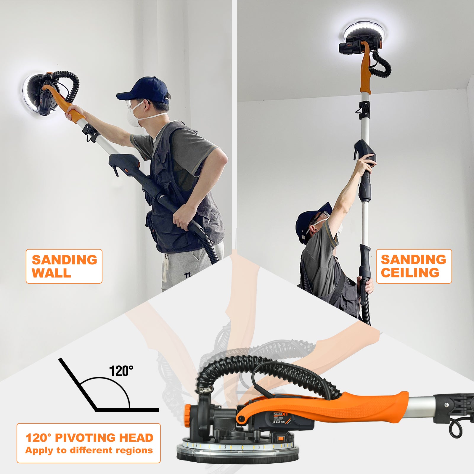 MAXXT Drywall Sander Electric Foldable Wall Sander With Vacuum Dust REAL self-priming system LED light telescopic handle variable speed 6.5A motor six 9-inch sanding discs dust bag