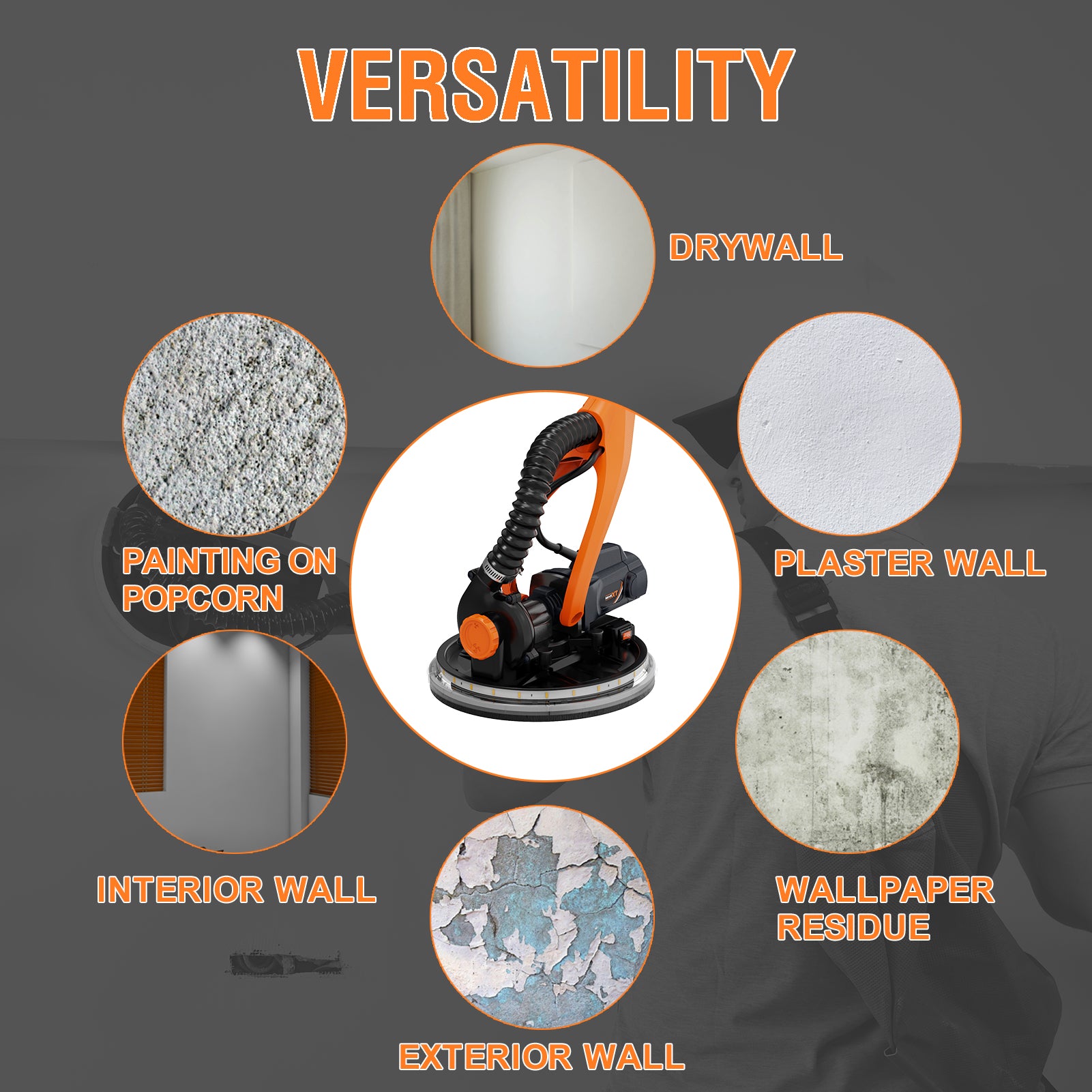 MAXXT Drywall Sander Electric Foldable Wall Sander With Vacuum Dust REAL self-priming system LED light telescopic handle variable speed 6.5A motor six 9-inch sanding discs dust bag