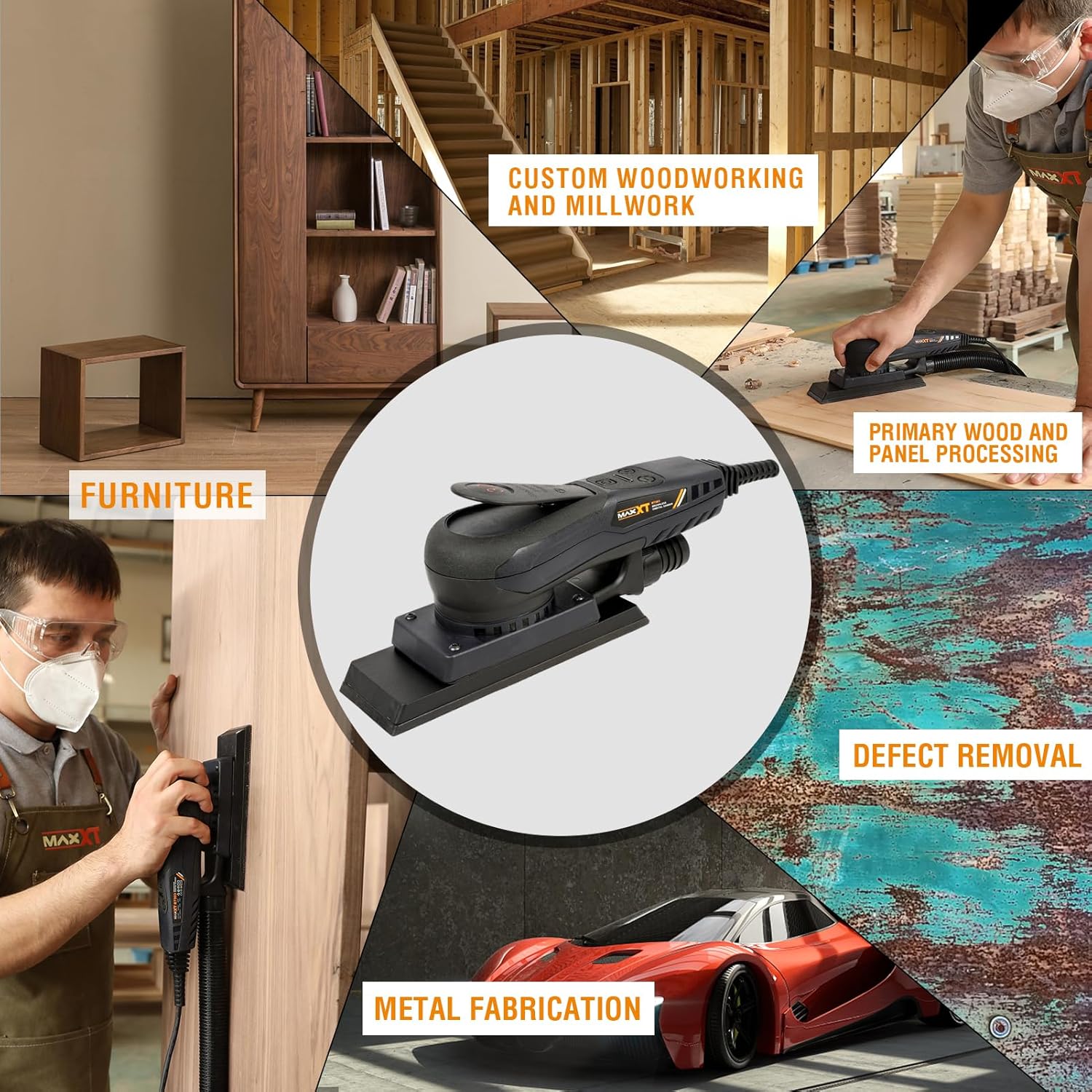 MAXXT Brushless Sheet Sander Electric 3mm Orbital 350W 3A Multi-Function 10000RPM Variable Speed Corded Orbital Sanders Machine with 10 Sanding Paper for Woodworking Palm Sander Finishing Sander