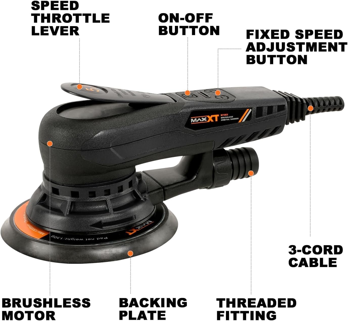 MAXXT Electric 5mm Random Orbital Sander, Brushless 350W 3A Palm Sander, Multi-Function Variable Speed Electric Corded Orbital Sanders Machine with 6Inch Sanding Pad, 10 Sanding Paper for Woodworking