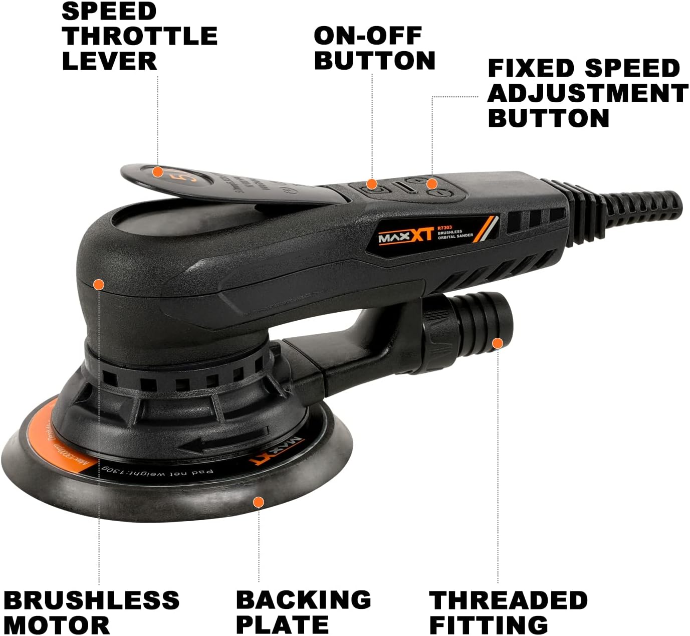 MAXXT Electric 5mm Random Orbital Sander, Palm Sander with Brushless Motor, 5&6Inch Sanding Pads, Central Vacuum, Sanders for Woodworking, Primary Wood and Panel Processing
