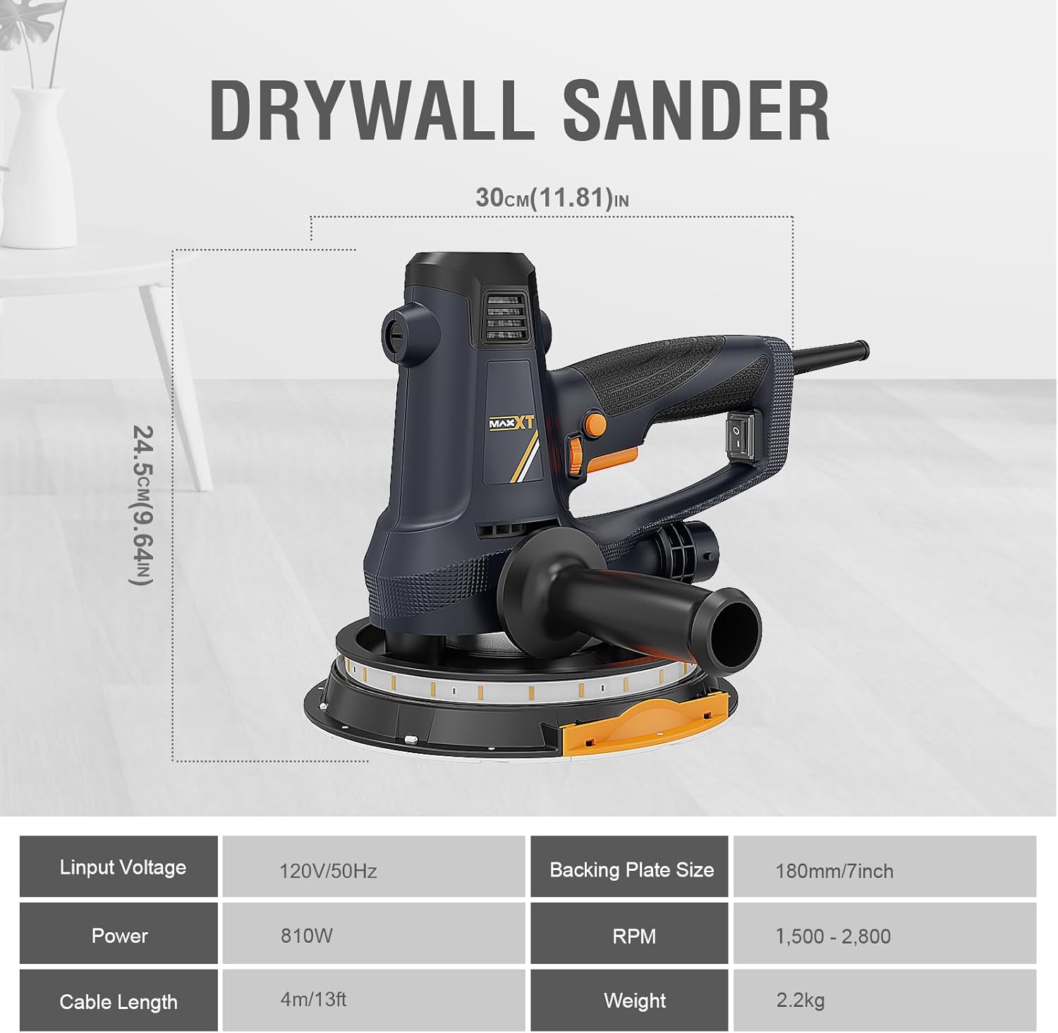 MAXXT Handheld Drywall Sander 810W, Electric Sander for Walls,Rough and fine Sanding, 1500-2800RPM Variable Speed, Upgraded Pad, Adjustable Suction, Self-Dust-Extraction (120, Volts)
