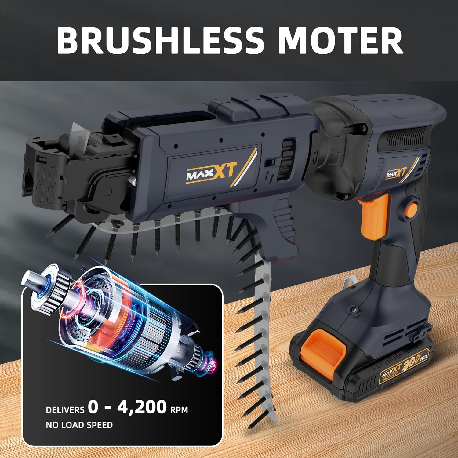 20V Drywall Screw Gun Brushless, MAXXT Cordless Lithium-Ion Brushless Self Feeding Drywall Screwdriver Autofeed 5000RPM with Collated Drywall Attachment（Included 2.0Ah Battery and Charger）