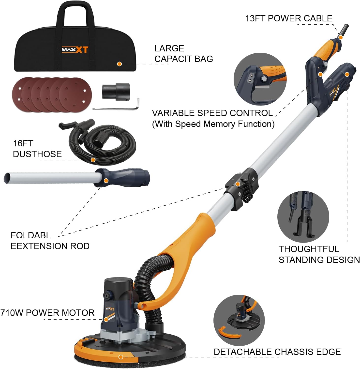 MAXXT Drywall Sander, Lightweight Popcorn Ceiling Removal Tool, 5 Variable Speed Foldable Telescopic Electric Drywall Sander, 800-1700RPM Vertical Power Ceiling Sander with 6pcs SandPapers, Bag