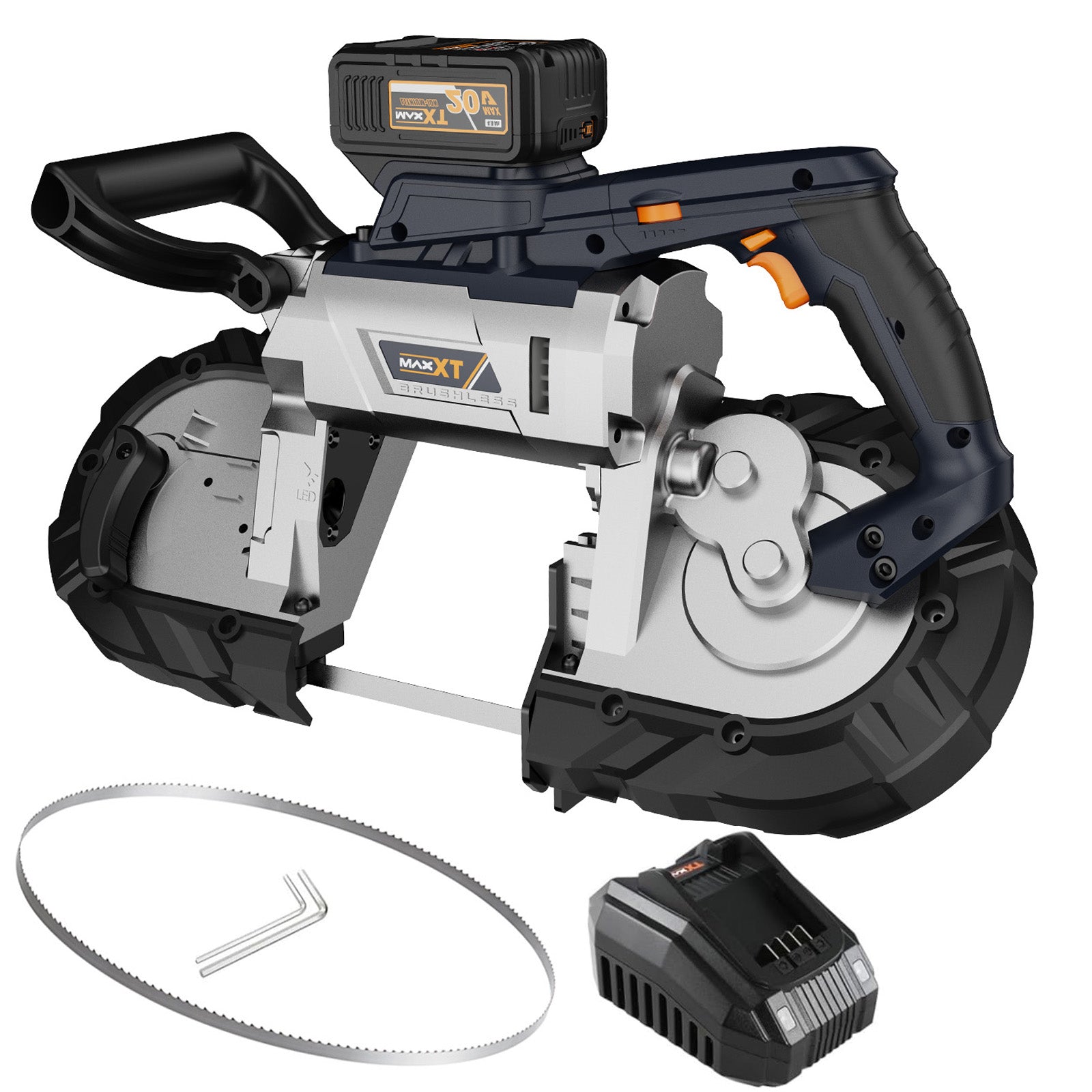 MAXXT 5 inch Cordless Band Saw，Brushless Power Band Saw 20V MAX Cutting Capacity 6 Speeds Adjustable, Not Hot Sparks When Cutting Metal, Portable Band Saw for Deep Cut（4.0AH Battery Included）