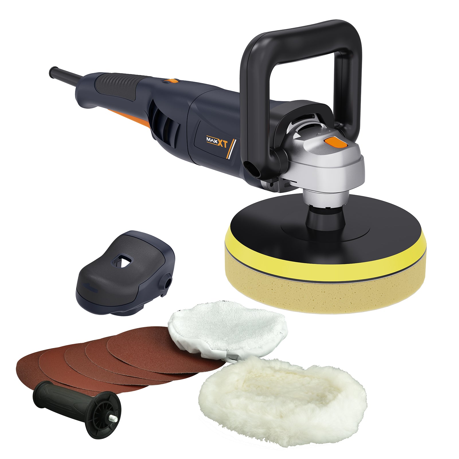 MAXXT Buffer Polisher/ car polisher/ Sander polisher/ Sanding Polisher, Soft start and Constant speed; 10A Motor, Variable speed 600-3000 RPM; 7” backing plate; Comes with 7" Foam pad, Woolen fleece hood, “G” handle, Terry polishing bonnet, Sanding discs