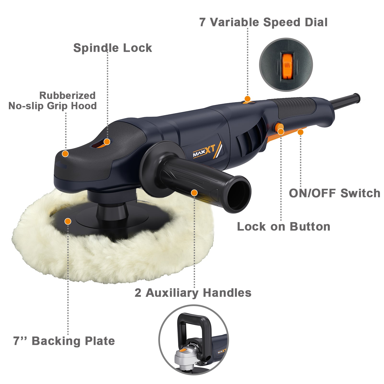 MAXXT Buffer Polisher/ car polisher/ Sander polisher/ Sanding Polisher, Soft start and Constant speed; 10A Motor, Variable speed 600-3000 RPM; 7” backing plate; Comes with 7